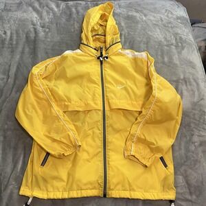 Nike Jacket Mens Large Yellow Hooded Windbreaker Full Zip Mesh Lined Swoosh‎